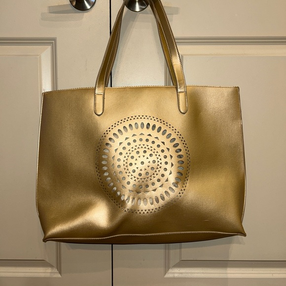 Neiman Marcus Handbags - Neiman Marcus Vegan Leather Large Lines Metallic Gold Tote